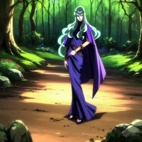 Solo, 1female, medea, saint seiya, long hair, green hair, dark lipstick, blue eyes, makeup, cape, violet dress, long skirt, best quality, masterpiece, house, forest