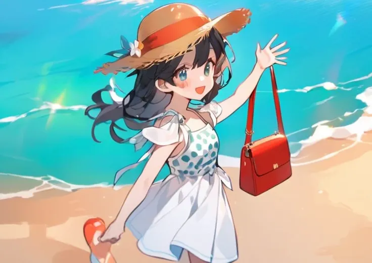 strong light, Sparkling emerald sea,Beach,1 woman, hand waving pose, straw hat, red bag in hand, black hair,light skin, 