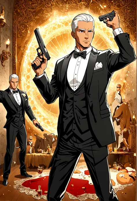 fox comedy character archer (secret agent in a tuxedo, drunk, brash, handsome, carelessly wielding a pistol), striking an almost...