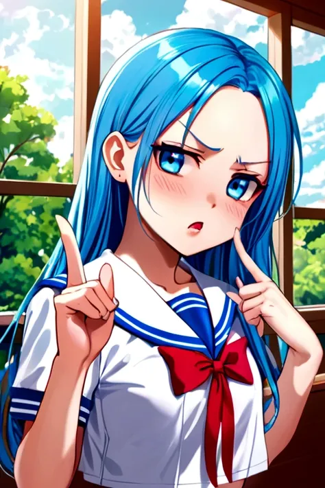 (Tsundere mode) (15 yo, solo forehead blue hair long hair cute girl, lovely blue eyes, angry face, pink lip open mouth), break, (in a summer school sailor suit, red ribbon, skirt), (index finger raised), BREAK, perfect anatomy, masterpiece, best quality, 1...