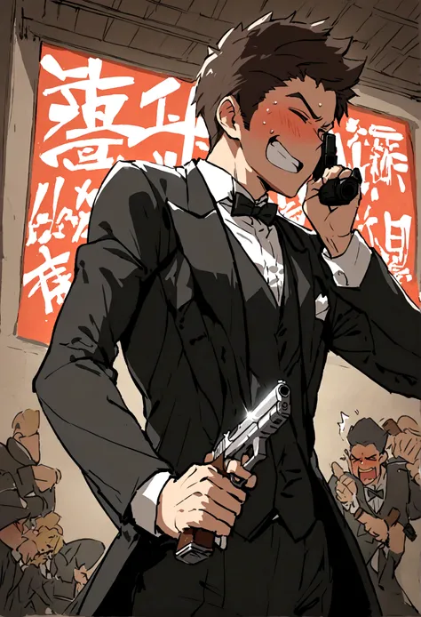 Fox Comedy Character Archer (secret agent in a tuxedo, drunk, brash, handsome, carelessly wielding a pistol), striking an almost dashing pose. ARCHER written in the background
