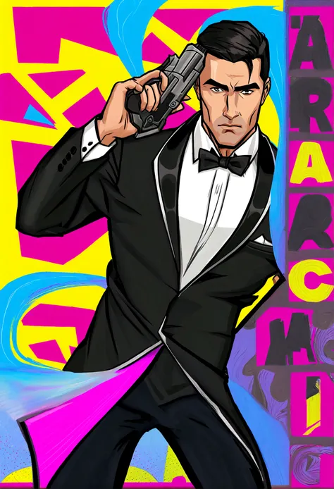 Fox Comedy Character Archer (secret agent in a tuxedo, drunk, brash, handsome, carelessly wielding a pistol), striking an almost dashing pose. ARCHER written in the background
