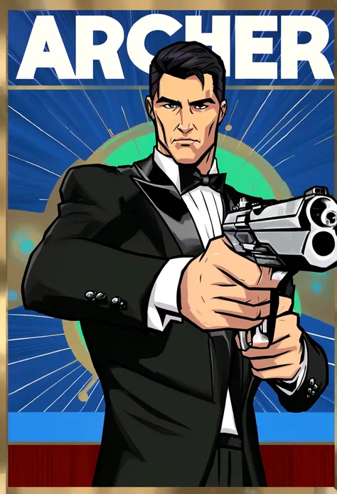 Fox Comedy Character Archer (secret agent in a tuxedo, drunk, brash, handsome, carelessly wielding a pistol), striking an almost dashing pose. ARCHER written in the background
