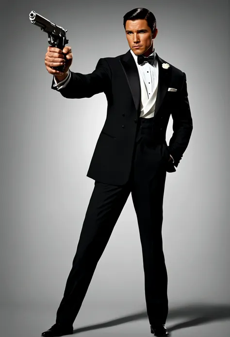 Fox Comedy Character Archer (secret agent in a tuxedo, drunk, brash, handsome, carelessly wielding a pistol), striking an almost dashing pose. ARCHER written in the background
