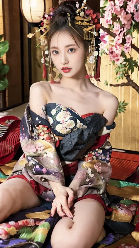 Updo, One Girl, so beautiful, very cute, Great face and eyes, (Big round eyes:1.15), Very calm look, (Very detailed美しい顔), (Courtesan style beautiful and Cute floral kimono:1.5), (Bare shoulders:1.3), (Highest quality:1.4), (Very detailed), (Ultra-realistic...