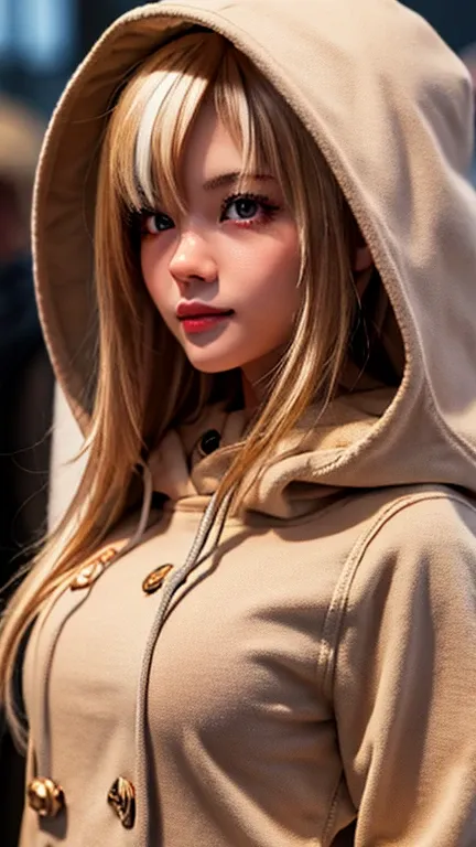 masterpiece, facial details, very detailed, 8k, , woman, red eyes, beige duffel coat, joy, front, hood up,