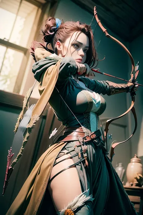 sexy female archer with her crossbow. she is a quincy from bleach. she is holding a bow and arrow. she has cross and bow. the sc...