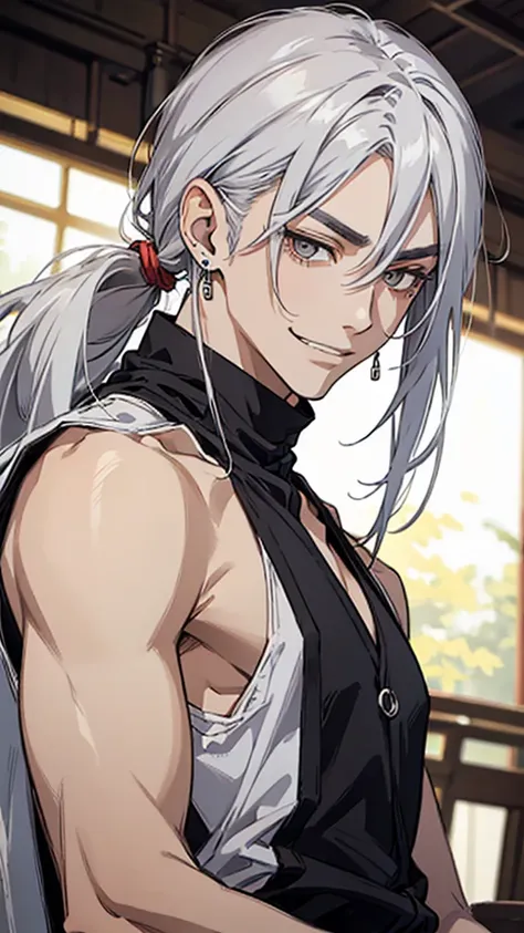 Man, Japanese, silver hair, cold expression, thin eyebrows, slanted eyes, gray eyes, long hair tied up, white tank top, black cardigan, yellow ring earrings, upper body, arms down, nasty smile