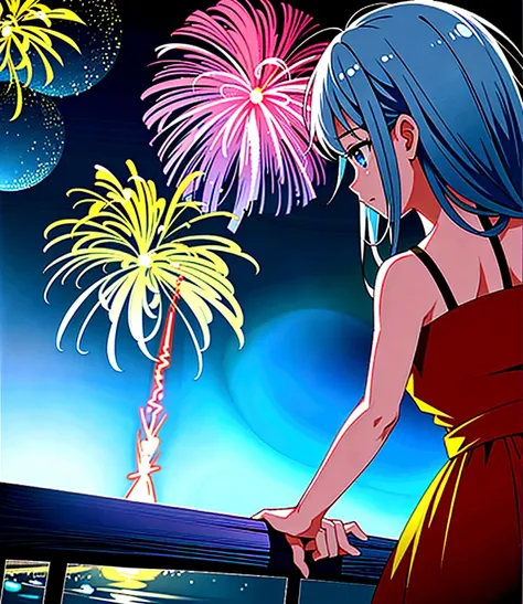 One girl, alone, Night view, On Bridge, firework