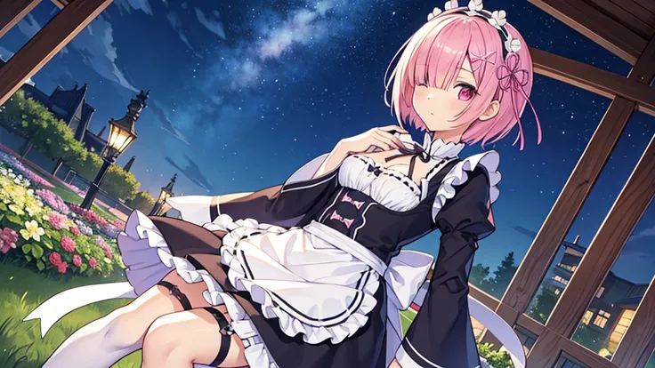 Masterpiece, Best Quality, high resolution, ram1, 1 girl, Alone, ram (re:zero), pink hair, white thighs, short hair, Red eyes, hair over one eye, ribbon ornament, hair band, x hair ornament, , maid headdress, waist apron, garter straps, black tie, small br...