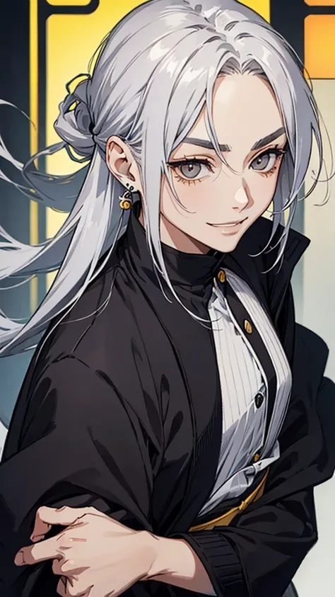 Man, Japanese, silver hair, cold expression, thin eyebrows, slanted eyes, gray eyes, long hair tied up, black cardigan, yellow ring earrings, upper body, arms down, wicked smile