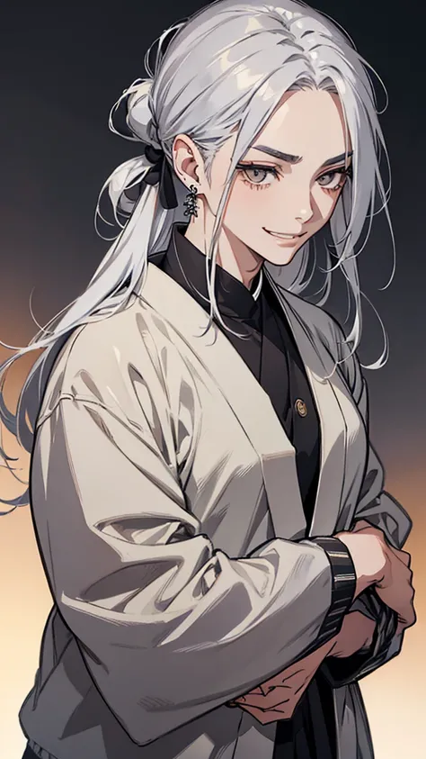 Man, Japanese, silver hair, cold expression, thin eyebrows, slanted eyes, gray eyes, long hair tied up, black cardigan, yellow ring earrings, upper body, arms down, wicked smile