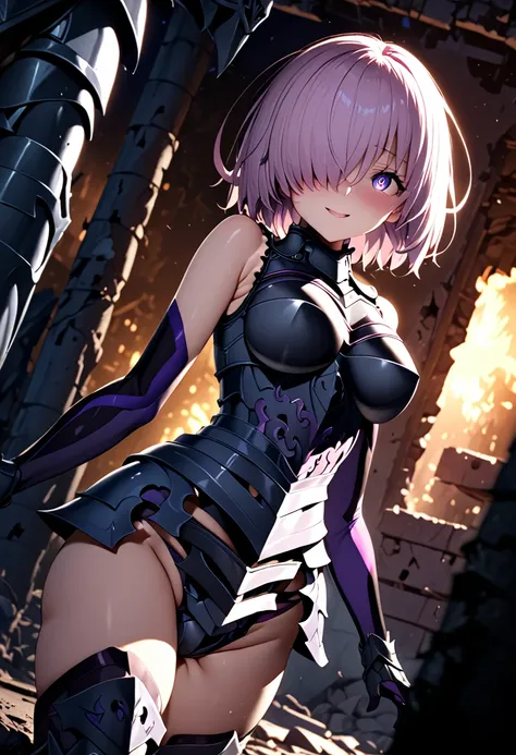 (masterpiece, top quality, best quality, beautiful and aesthetic:1.2), full body, SFW, extremely detailed, detailed face and eyes, cinematic light, depth of field, 1girl, seducing smile, solo, official, (full armored knight:1.4), dark armor, mash kyrieligh...