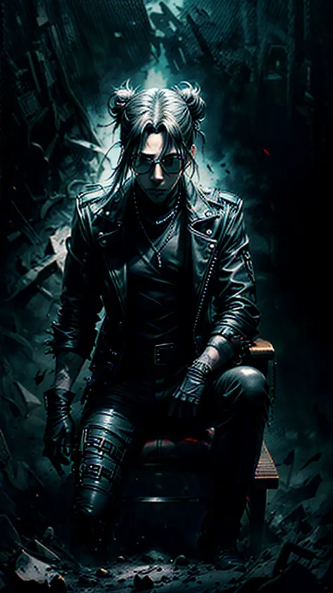 a stylish korean man with long hair tied in bun, wearing black round sunglasses, black leather gloves, dark clothing, sitting on a chair in a dark environment, dynamic point of view, best quality, ultra-detailed, photorealistic, vivid colors, dramatic ligh...