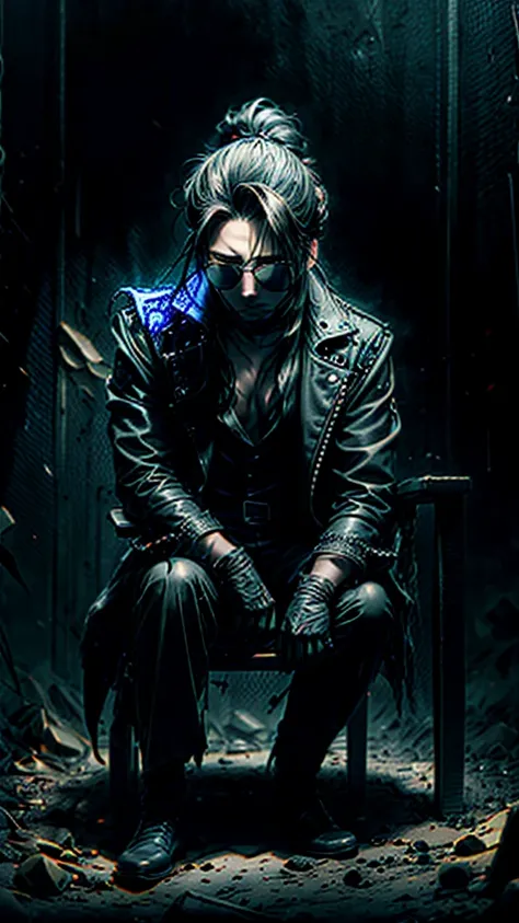 a stylish korean man with long hair tied in bun, wearing black round sunglasses, black leather gloves, dark clothing, sitting on a chair in a dark environment, dynamic point of view, best quality, ultra-detailed, photorealistic, vivid colors, dramatic ligh...