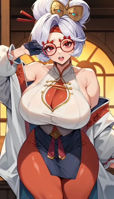 score_9, score_8_up, score_7_up, score_6_up, score_5_up, score_4_up, (source_anime), purah, 1girl, huge breasts, narrow waist, thick thighs, hair ornament, red headband, red glasses, sleeveless shirt, white coat, black skirt, red leggings, gloves, high hee...