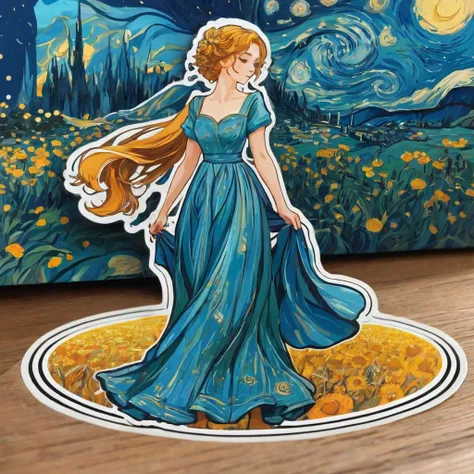 (a sticker,),(3D anime girl),long dress, elegance,beautyful face,(In circlerown background), (van gogh border)， ultra - detailed, best quality, Detailed diagram, vectorized, 8K, Professional a sticker design, Graphic design, vector lines, a sticker, Full-H...