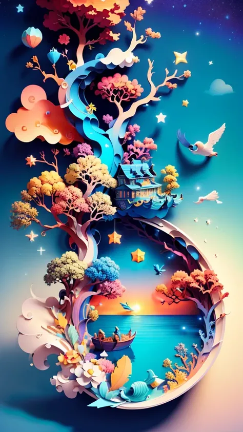 (((Masterpiece))),Best Quality, illustration,  sky, cloud, water, Star (Symbol), tree, nonhuman, evening, bird, officer, building, Star (sky), evening sky, scenery, Starry sky, watercraft, castillo, boat, waves, tower, bottle. Vibrant color scheme, Luz out...