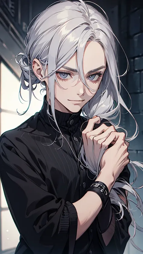 Man, young man, silver hair, cold expression, no eyebrows, slanted eyes, grey eyes, long hair tied up, black cardigan, upper body, arms down, wicked smile