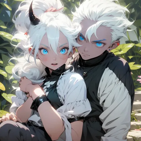 Little Vampire Boy and Femboy.

Her hair is white, blue eyes, Snow white skin, wear a loose white shirt, wears pastel blue mini shorts.

He is a boy with black horns on his head.. 