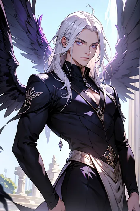 1 person, adult, ((young male)), Long platinum hair, high, youthful, Rothes Haar, purple eyes, black feather wings, Rafe, philosopher, Ernst, Exquisite clothing, difficult, Tiefenfeld, Dynamic light source, (Best quality), (masterpiece)