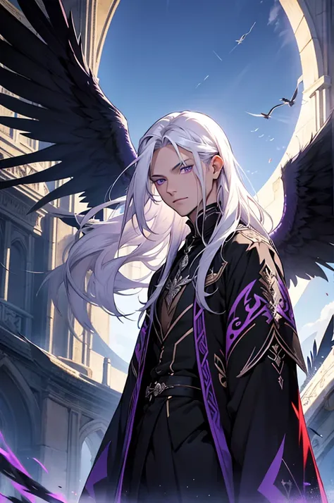 1 person, adult, ((young male)), Long platinum hair, high, youthful, Rothes Haar, purple eyes, black feather wings, Rafe, philosopher, Ernst, Exquisite clothing, difficult, Tiefenfeld, Dynamic light source, (Best quality), (masterpiece)