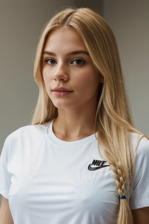 A women wearing a Nike t-shirt of white color, long blond hair, hyper realistic image 