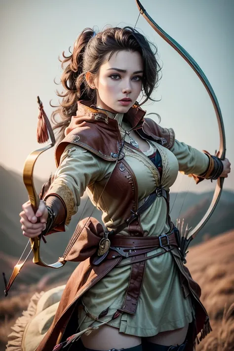 sexy female hunter with bow and arrow in her hands. archery. the scenes are magnificent and surreal. (best qualityer, 4k, 8k, hi...