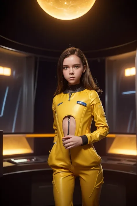 (little girl, 15 years old, brown hair, photorealistic, pale skin), (yellow (eyes:1.2)), (slim build:1.3), (fantasy space suit),...