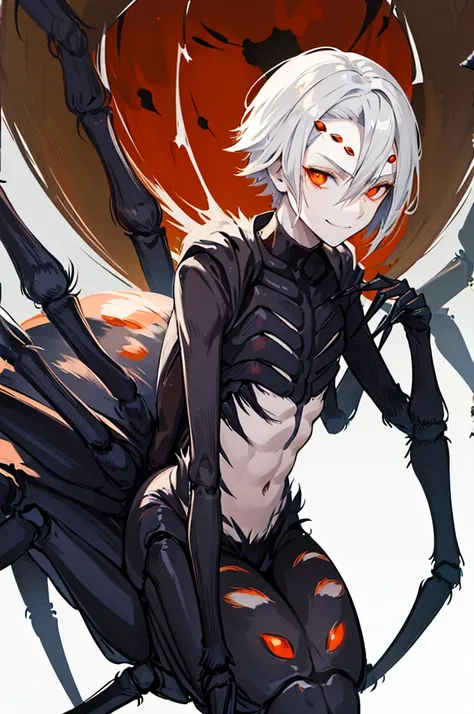 (arachne:1.3), arthropod limbs, 1boy, (adult male:1.2), bust, (solo), grey hair, short hair, hair between eyes, fair skin,white, morbid, smirk, solo, orange eyes, forest background