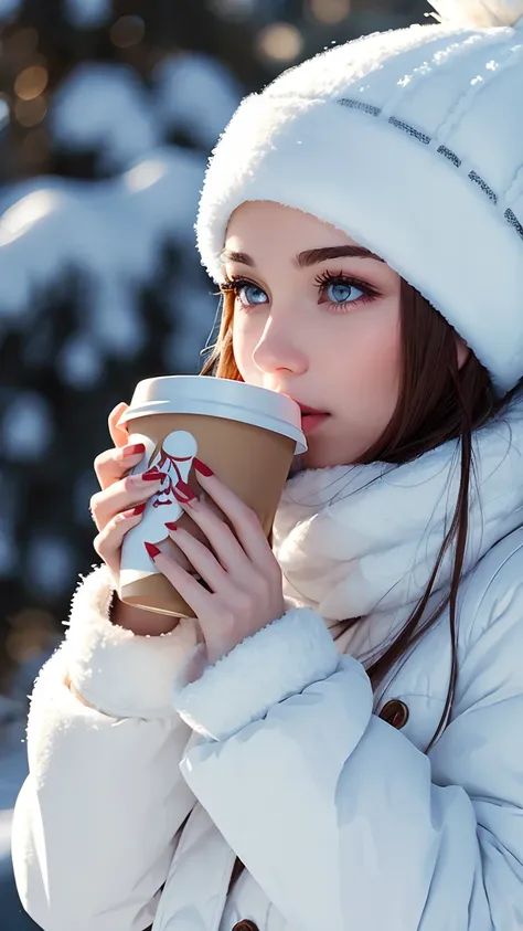 a snow woman dressed in warm clothing drinking coffee, highest image quality