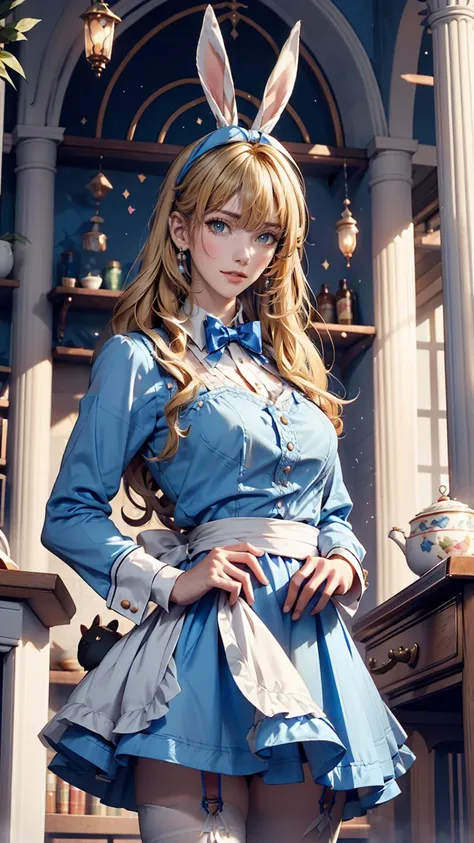 Alice in Wonderland、Wear a blue apron dress、Blonde、long hair、Hair becomes wavy、Put a big ribbon on your head、Chasing a tuxedo-wearing rabbit on two legs、Sexy、Sexy proportions