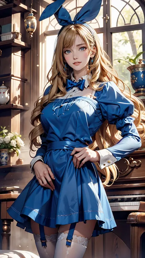 Alice in Wonderland、Wear a blue apron dress、Blonde、long hair、Hair becomes wavy、Put a big ribbon on your head、Chasing a tuxedo-wearing rabbit on two legs、Sexy、Sexy proportions