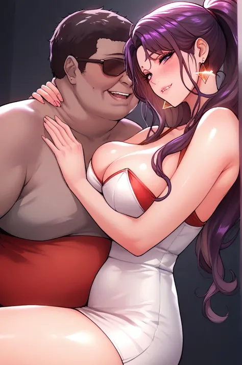 score_9, score_8_up, score_7_up, score_6_up, score_5_up, score_4_up, yu hee hugging with ugly fat old man, violet eyes, violet hair, long hair, large breasts, red short dress, bare shoulders,shiny glowing triangle earrings, ponytail,white business suit, bi...