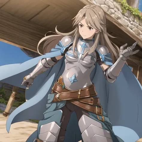 katalina (granblue fantasy), armor, gauntlets, belt, breastplate, shoulder armor, cape, pauldrons, pants, best quality