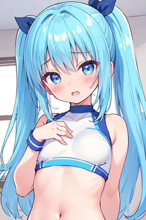 (best quality, masterpiece:1.2), ultra detailed, extremely detailed eyes and face, natural skin texture, detailed skin, natural lighting,
 chibi, 1 girl, 14-years-old, (cute),
 twin tails, light blue hair, shiny hair,
 blue eyes, 
 small breasts,
 BREAK ch...