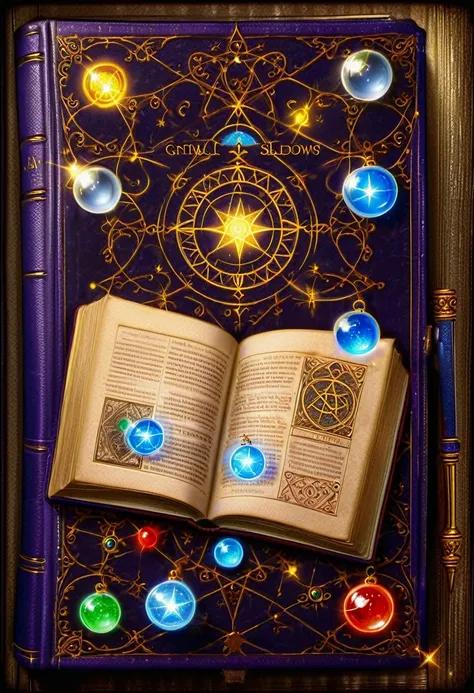 open book, magical, grimoire, book of shadows, orbs of light, sigils in the book