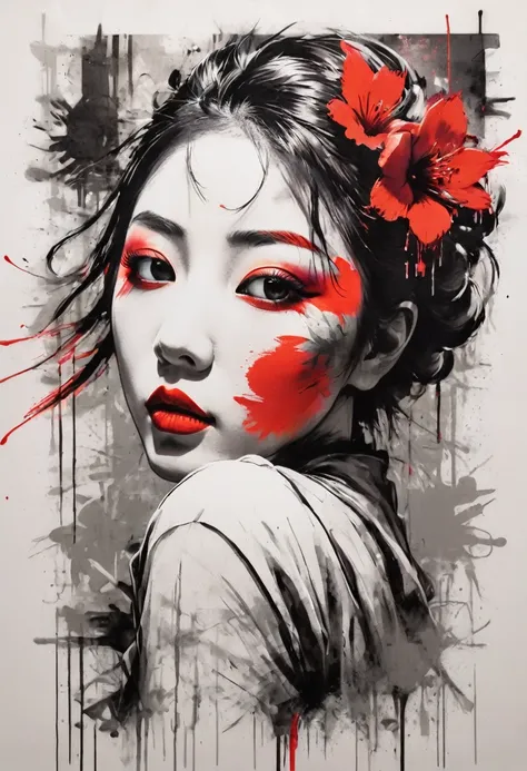 Black and white sketch of a geisha with vivid red lipstick, set against a vibrant urban backdrop featuring bold graffiti in a dynamic digital art style. This design seamlessly blends traditional elegance with contemporary street art, creating a striking vi...