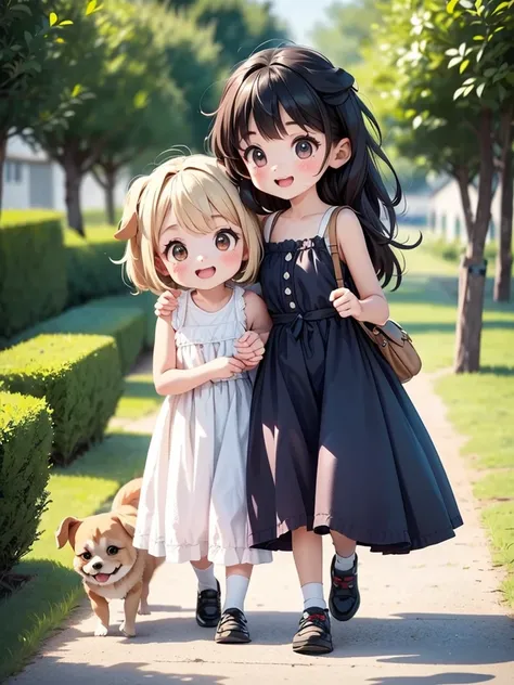 Two Girls、Very close sisters、Walk hand in hand、Having fun and being excited、They both walk with a bounce、Happy smile、A cute, cool sleeveless dress、Walking alongside a large dog、Nothing in my hands、Watching the audience、(Quadrupedal Dog、Same height as her s...