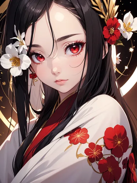 (8K, Best Quality, Masterpiece, Ultra High Resolution) Woman, Adult Woman, Beautiful Eyes, Face Details, Dark Black Hair, Red Eyes, Pale Skin, Kimono, Red Kimono with White Flower Pattern, Gold Details, Dark Castle, Royalty, Dark Queen, Best Quality, Upper...