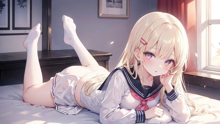 1girl,solo,hair_ornament,on_stomach,lying,blonde_hair,looking_at_viewer,hairclip,serafuku,parted_lips,socks,sailor_collar,long_sleeves,white_socks,bed,long_hair,pillow,shirt,white_shirt,orange_eyes,on_bed,parted_bangs,indoors,no_shoes,bangs,black_sailor_co...