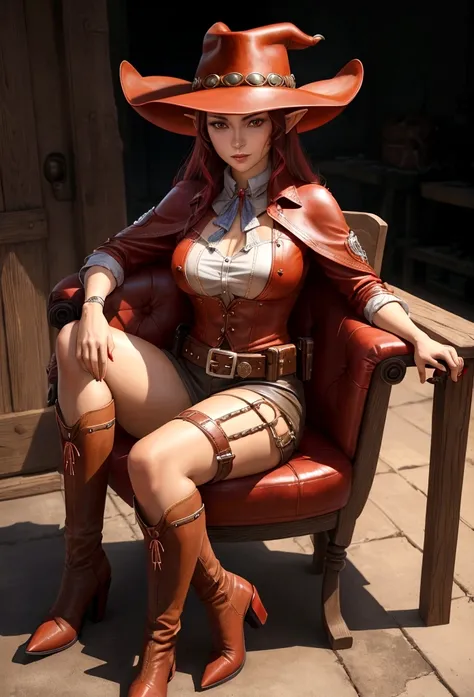 cowboy woman sitting on a chair with a red leather cowboy hat with elf-type ears, realistic anime style, with a cowboy gun in her hands, full body cowboy heels