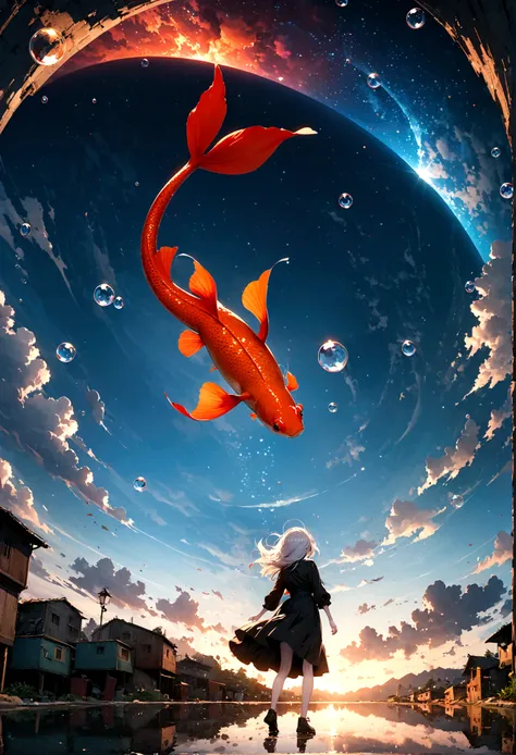 woman(student, 15 years old, ＪＫ, Short silver hair floating, Space-colored eyes, Black clothes, Pale skin, Tired face、lack of shine in the eyes) Looking up at the sky, Many cute little goldfish with shining red scales are swimming in the air, Transparent b...