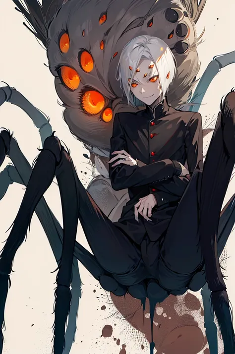 (arachne:1.3), arthropod limbs, 1man, (adult male:1.2), bust, (solo), grey hair, short hair, fair skin,white, morbid, smirk, solo, orange eyes, forest background