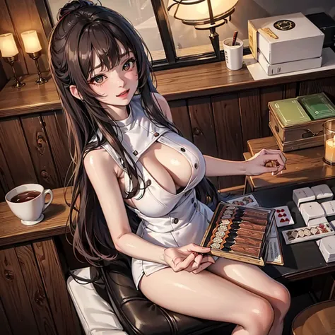 NSFW, sexy, erotic, a hyper-realistic anime-style girl VTuber with long, flowing hair and large, sparkling eyes is live streaming, sitting at her desk in an exquisitely detailed and cozy room adorned with intricate posters, plush toys, and various decorati...