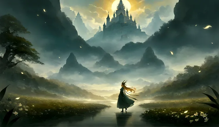 

The scene is set in a fantastical realm where magic and ancient traditions intertwine seamlessly. Majestic mountains loom in the distance, their peaks shrouded in mist, hinting at the mysteries they conceal. A serene river meanders through the lush, verd...