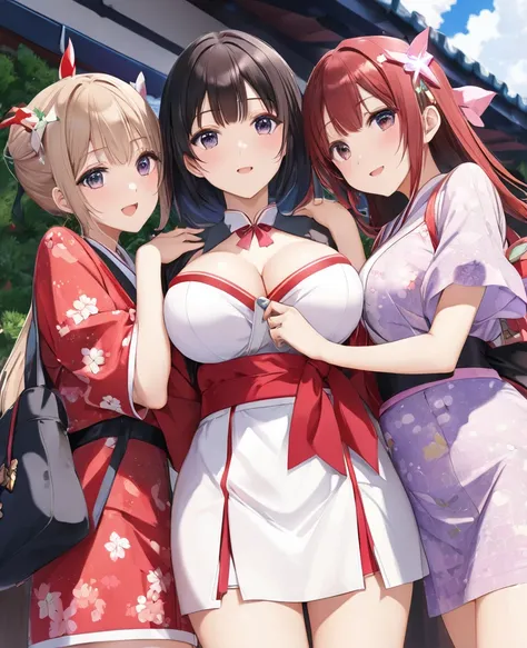 Highest quality, Very detailed, masterpiece, anime,Highest quality,Japanese ,Three Girls,Holiday outings,Transparent haori,Browsing Caution,Magical girl、Upper Body、Close Contact、lure、Provocative look、Leaning forward、bring your chest to the center、Large Bre...