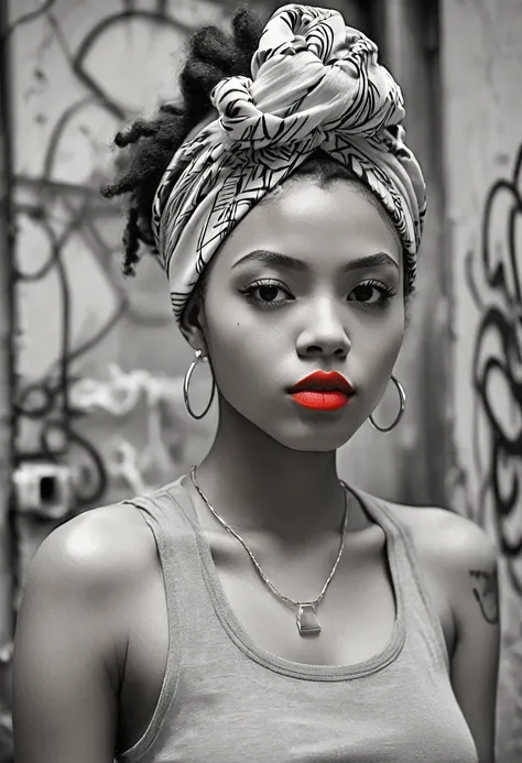 black and white sketch of a black beautiful young woman with vivid red lipstick, afro hair and colorful head wrap, set against a...