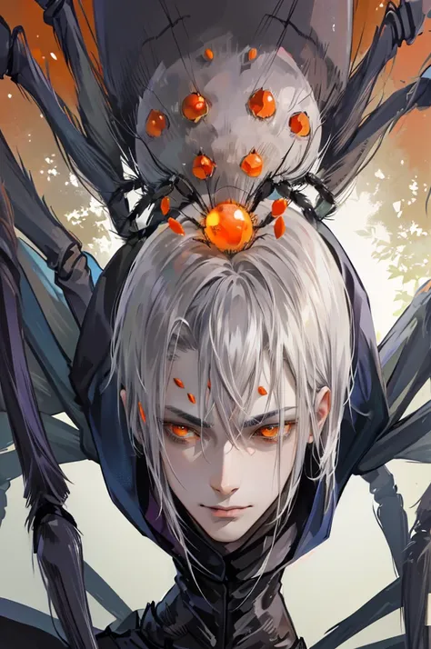 (arachne:1.3), arthropod limbs, 1man, (adult male:1.2), bust, (solo), grey hair, short hair, fair skin,white, morbid, smirk, solo, orange eyes, forest background