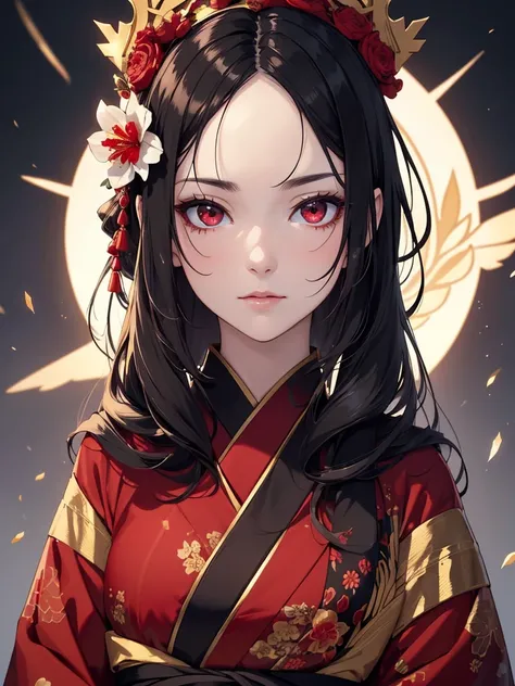 (8K, Best Quality, Masterpiece, Ultra High Resolution) Woman, Adult Woman, Beautiful Eyes, Face Details, Dark Black Hair, Red Eyes, Pale Skin, Kimono, Red Kimono with White Flower Pattern, Gold Details, Dark Castle, Royalty, Dark Queen, Best Quality, Upper...